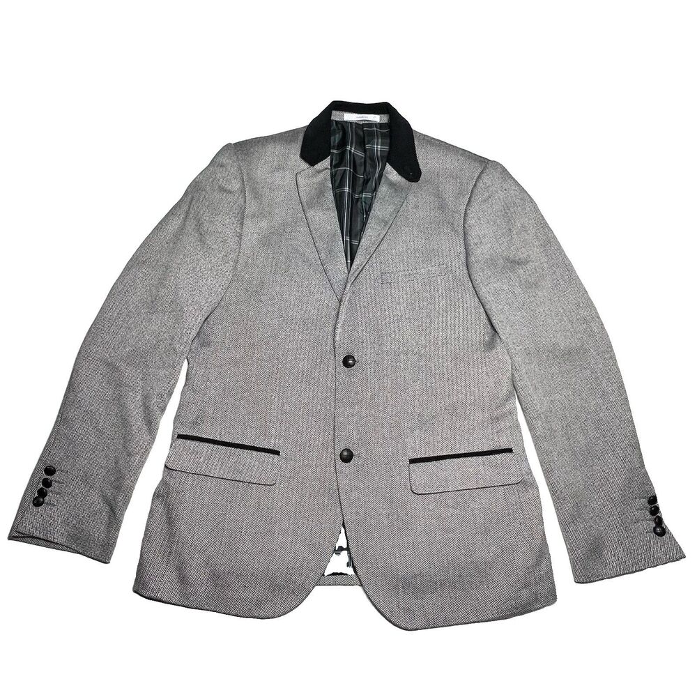EDGE by WD.NY Men's M Gray Herringbone Slim Fit Blazer Black Corduroy Collar